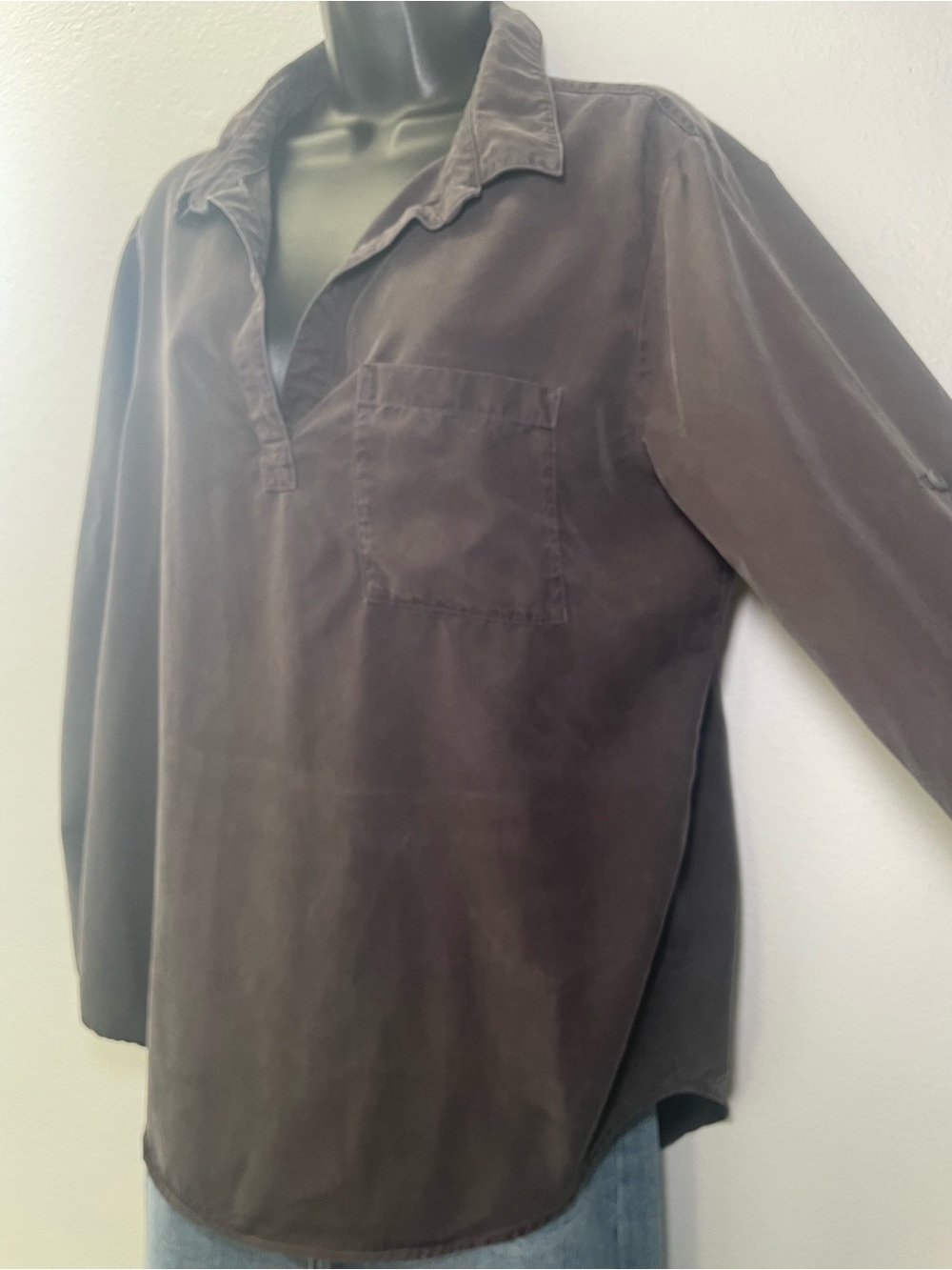 Cloth & Stone Brown Tencel Popover Blouse Long Sleeve Pocket Top Size Large - Picture 4 of 8